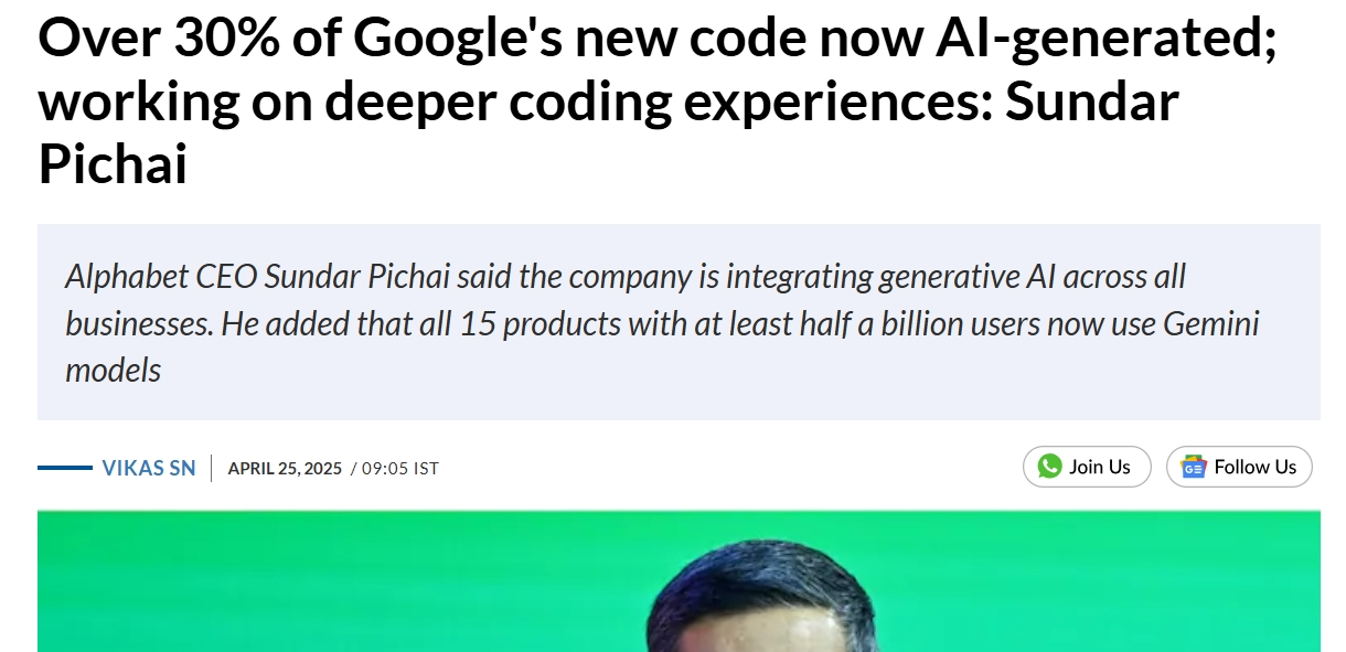 谷歌发布全员 AI 编码指引：30% 代码由 AI 生成，工程效率提升 10%